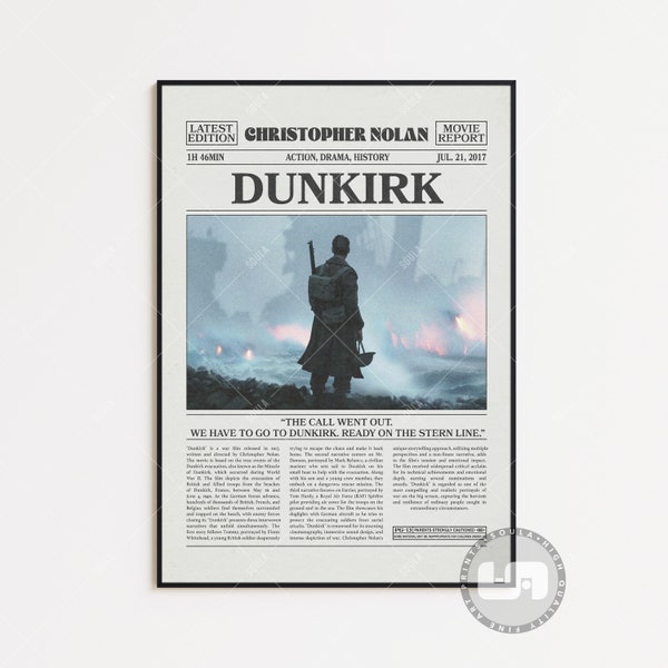 Dunkirk, Christopher Nolan, Retro Newspaper Movie Poster, Black White Wall Art, Vintage Retro Art Print