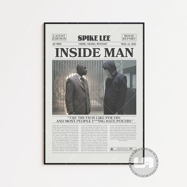 Inside Man Poster, Spike Lee , Retro Newspaper Movie Poster, Black White Wall Art, Vintage Retro Art Print