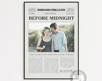 Before Midnight Poster, Richard Linklater, Retro Newspaper Movie Poster, Black White Wall Art, Vintage Retro Art Print