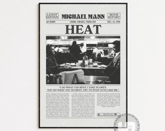 Heat Poster, Michael Mann, Retro Zeitungsfilm Poster, Schwarz Weiß Wandkunst, Vintage Retro Kunstdruck