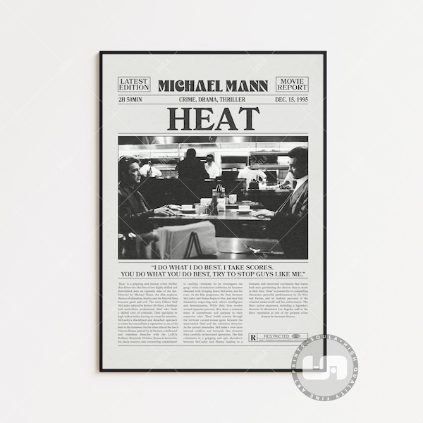 Poster di calore, Michael Mann, Poster di film di giornale retrò, Black White Wall Art, Vintage Retro Art Print