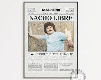 Nacho Libre Poster, Jared Hess, Movie Poster, Retro Newspaper, Black White Wall Art, Vintage Retro Art Print, Custom Movie Poster