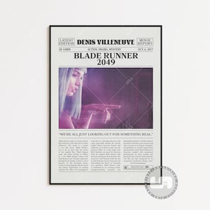 Blade Runner 2049 Poster, Denis Villeneuve, Retro Newspaper Movie Poster, Black White Wall Art, Vintage Retro Art Print