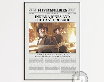 Indiana Jones and the Last Crusade, Steven Spielberg , Retro Newspaper Movie Poster, Black White Wall Art, Vintage Retro Art Print