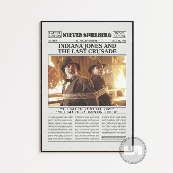 Indiana Jones and the Last Crusade, Steven Spielberg , Retro Newspaper Movie Poster, Black White Wall Art, Vintage Retro Art Print