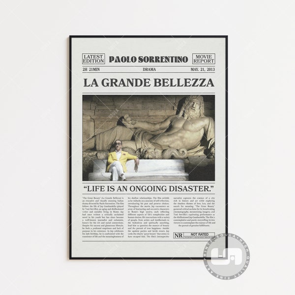 La Grande Bellezza, Paolo Sorrentino The Great Beauty, Retro Newspaper Movie Poster, Black White Wall Art, Vintage Retro Art Print