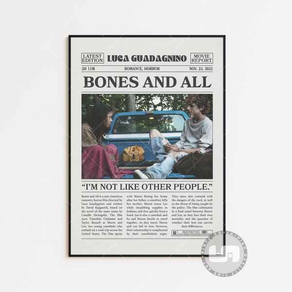 Bones and All Poster, Luca Guadagnino, Retro Newspaper Movie Poster, Black White Wall Art, Vintage Retro Art Print