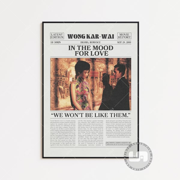 Póster In the Mood for Love, Kar-Wai Wong, póster de película de periódico retro, arte de pared en blanco y negro, impresión de arte retro vintage