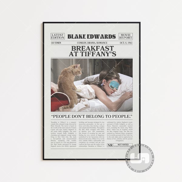 Breakfast at Tiffany's, Blake Edwards, Retro Newspaper Movie Poster, Black White Wall Art, Vintage Retro Art Print