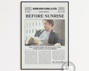 Before Sunrise, Richard Linklater, Retro Newspaper Movie Poster, Black White Wall Art, Vintage Retro Art Print