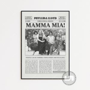 Mamma Mia!, Phyllida Lloyd, Retro Newspaper Movie Poster, Black White Wall Art, Vintage Retro Art Print, Custom Movie Poster, Movie Print