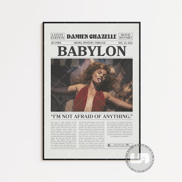 Babylon Poster, Damien Chazelle, Retro Newspaper Movie Poster, Black White Wall Art, Vintage Retro Art Print