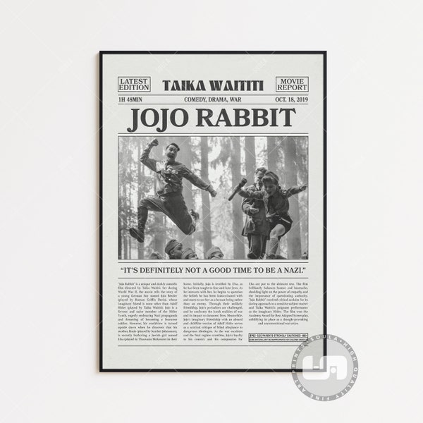 JoJo Rabbit, Taika Waititi, Retro Newspaper Movie Poster, Black White Wall Art, Vintage Retro Art Print