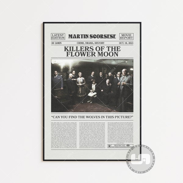 Killers of the Flower Moon Poster, Martin Scorsese, Movie Poster, Retro Newspaper, Black White Wall Art, Vintage Retro Art Print,