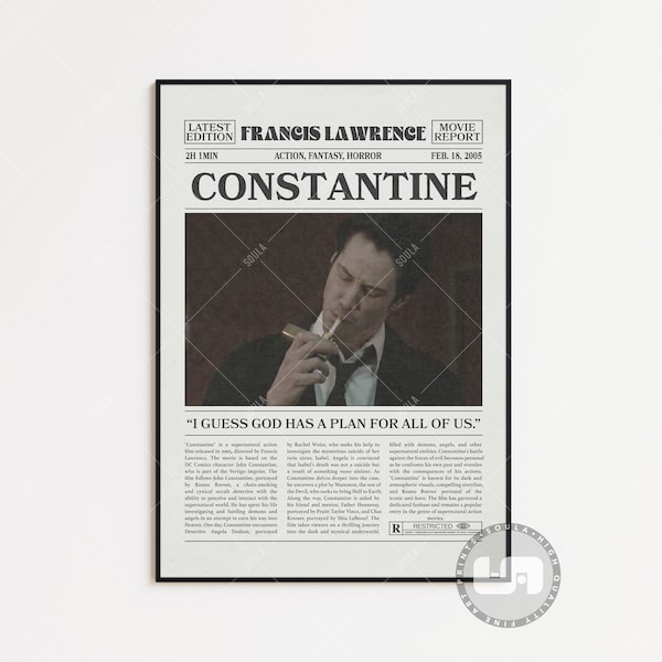 Constantine, Francis Lawrence, Movie Poster, Retro Newspaper, Black White Wall Art, Vintage Retro Art Print, Custom Movie Poster,