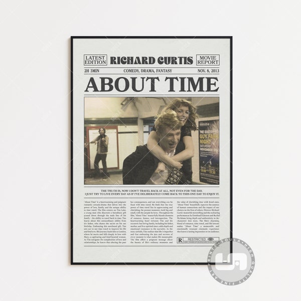 About Time, Richard Curtis, Retro Newspaper Movie Poster, Black White Wall Art, Vintage Retro Art Print