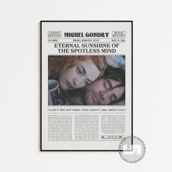 Eternal Sunshine of the Spotless Mind, Retro Newspaper Movie Poster, Black White Wall Art, Vintage Retro Art Print