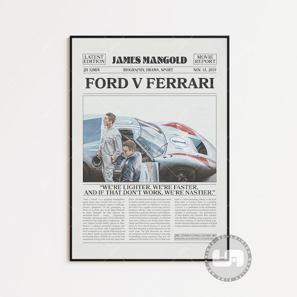 Ford v Ferrari Poster, James Mangold, Retro Newspaper Movie Poster, Black White Wall Art, Vintage Retro Art Print