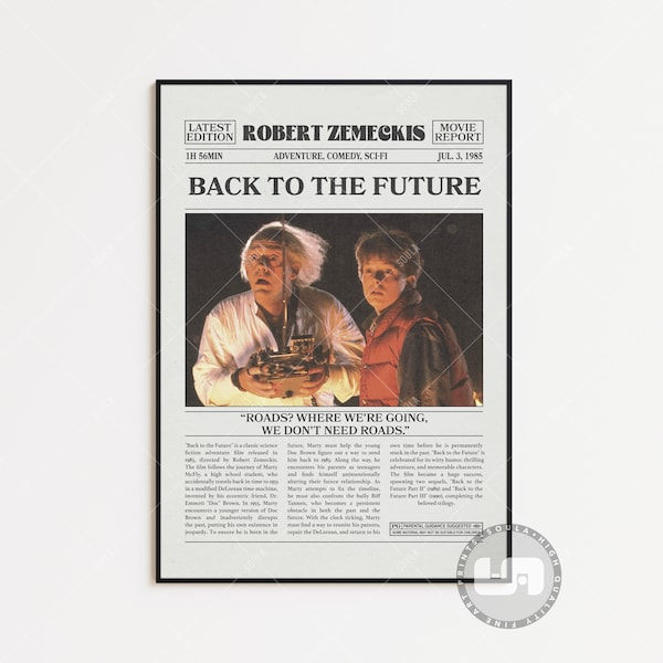 Back to the Future, Robert Zemeckis, Retro Newspaper Movie Poster, Black White Wall Art, Vintage Retro Art Print