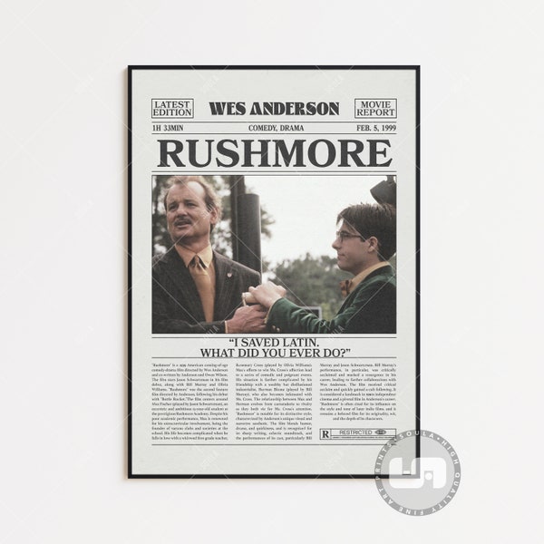 Rushmore Poster, Wes Anderson, Movie Poster, Retro Newspaper, Black White Wall Art, Vintage Retro Art Print, Custom Movie Poster