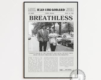 Breathless Poster, Jim McBride, Retro Newspaper Movie Poster, Black White Wall Art, Vintage Retro Art Print