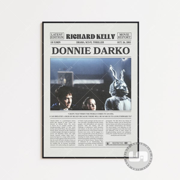 Donnie Darko, Richard Kelly, Retro Newspaper Movie Poster, Black White Wall Art, Vintage Retro Art Print