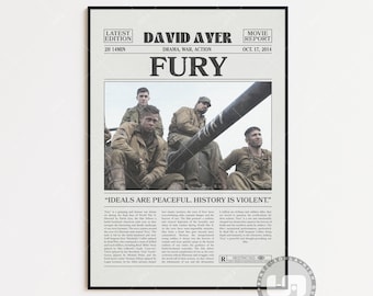 Fury Poster, David Ayer, Retro Newspaper Movie Poster, Black White Wall Art, Vintage Retro Art Print