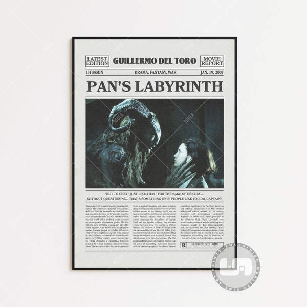 Pan's Labyrinth Poster, Guillermo del Toro, Movie Poster, Retro Newspaper, Black White Wall Art, Vintage Retro Art Print, Custom Movie