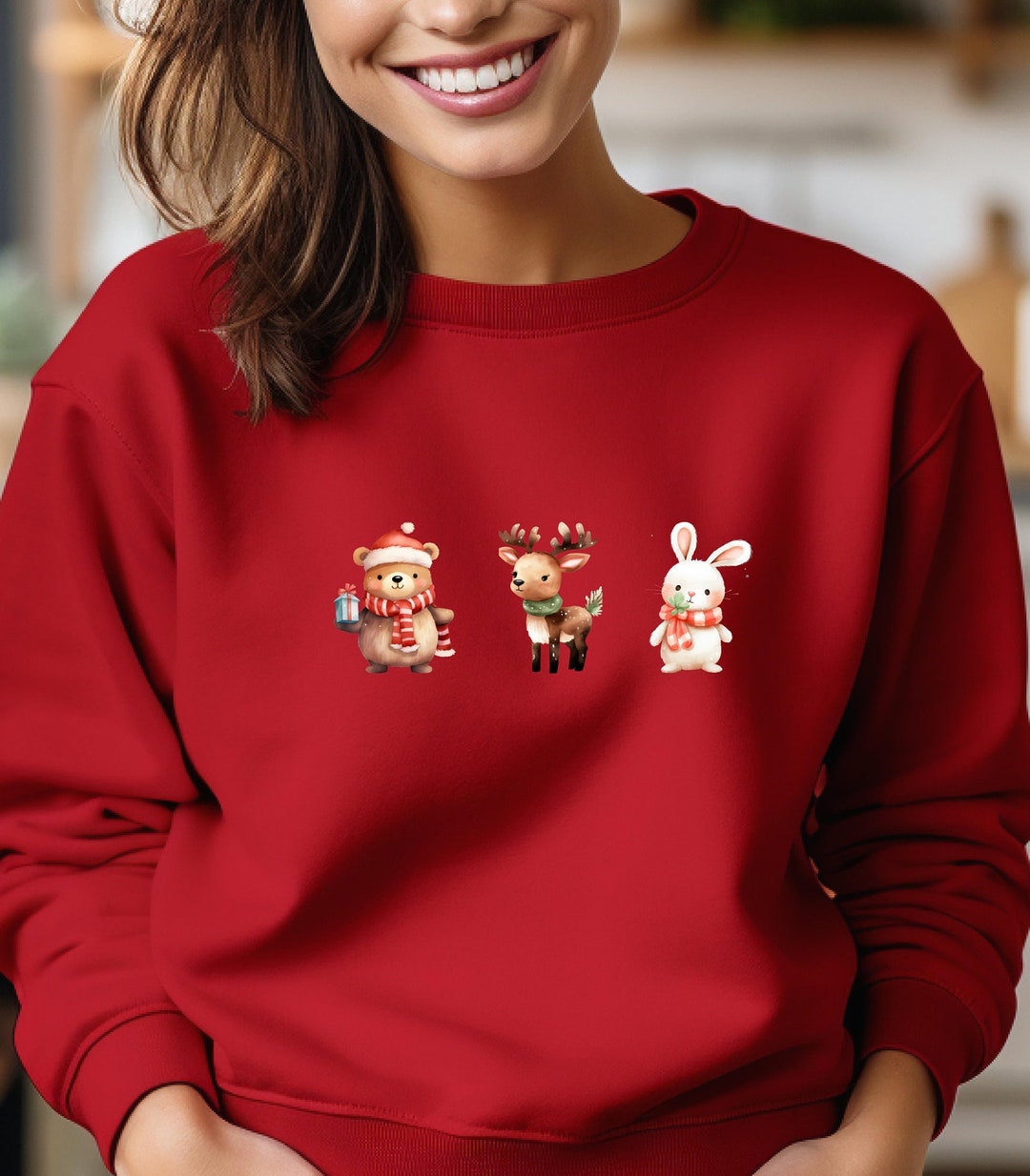 Womens Christmas Sweater, Animal Christmas Sweater, Festive Christmas Crewneck, Animal Christmas