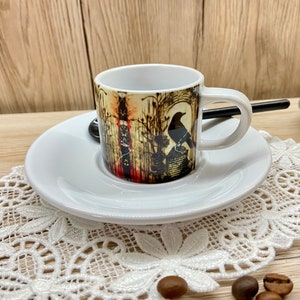 Bunte Espressotasse mit Untertasse Tasse Krähe Halloween bunt bedruckt Keramik Tasse ausgefallene Tassen Weihnachtsgeschenk Espressotassen