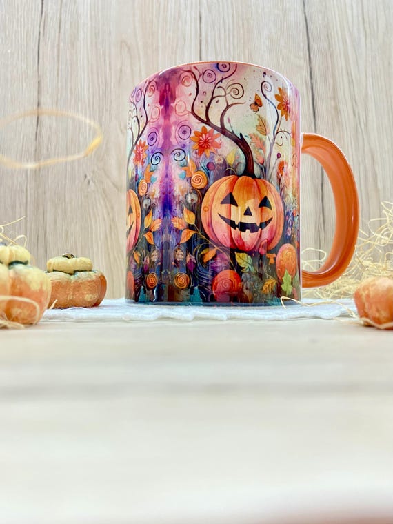 Bunte Tasse Kaffeebecher wunderschön bunt Happy Pumpkin Keramiktasse Halloweentasse Gruseltasse Keramik Tasse Teetasse Herbst