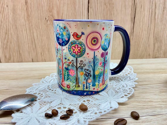 Bunte Tasse Kaffeetasse bunt bedruckt Zauberwald Regenbogen Tasse bunte Tasse gemütlich bunte Tasse Frühling Ostergeschenk Muttertag
