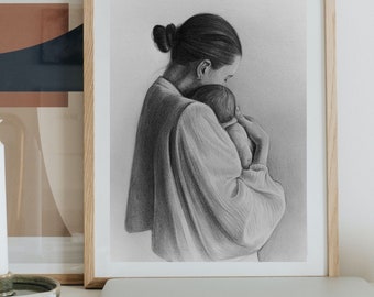 Dessin au crayon personnalisé à partir d'une photo, portrait réaliste dessiné à la main, cadeau fait main pour grand-mère, cadeau de fête des mères