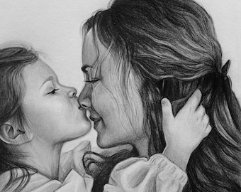 Custom graphite pencil drawing from photo, Realistic hand drawn portrait, Unique holiday gift for mother and grandmother