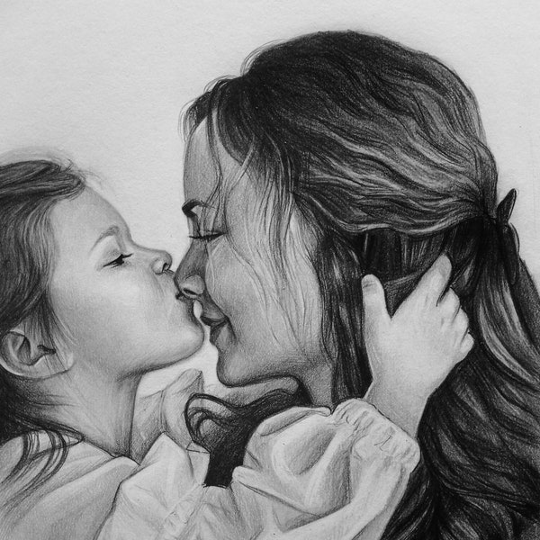 Custom graphite pencil drawing from photo, Realistic hand drawn portrait, Unique holiday gift for mother and grandmother