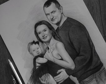 Custom Graphite Pencil Portrait: Hand-Drawn Family Art
