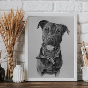 May include: A framed charcoal drawing of a dog wearing a collar and bandana. The dog is depicted with its mouth open and tongue visible. The artwork is presented in a white frame, positioned on a surface with decorative dried wheat stalks.