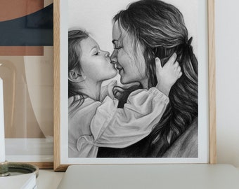 Custom pencil drawing from photo, Realistic hand drawn portrait, Handmade gift for grandmother, Mother's Day Gift