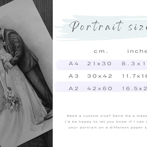 May include: A black and white pencil drawing of a couple kissing, with a chart titled Portrait sizes listing dimensions in cm and inches for A4 (21x30 cm, 8.3x11.7 inches), A3 (30x42 cm, 11.7x16.5 inches), and A2 (42x60 cm, 16.5x23.4 inches) paper sizes.