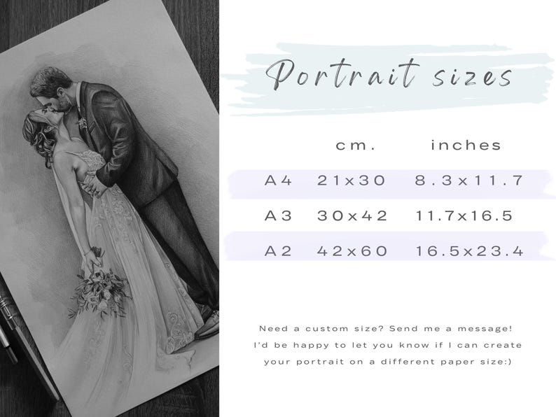 May include: A black and white pencil drawing of a couple kissing, with a chart titled Portrait sizes listing dimensions in cm and inches for A4 (21x30 cm, 8.3x11.7 inches), A3 (30x42 cm, 11.7x16.5 inches), and A2 (42x60 cm, 16.5x23.4 inches) paper sizes.