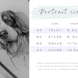 May include: A graphite pencil drawing of a dog with a tongue out, next to a size chart titled Portrait sizes. The chart lists A5, A4, A3, and A2 dimensions in cm and inches. Text below reads: Need a custom size? Send me a message!