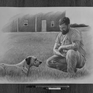May include: A graphite pencil drawing on paper depicting a bearded individual crouching in a grassy field next to a spotted dog. In the background, a barn with a door and two windows is visible. Two pencils are placed horizontally below the artwork.