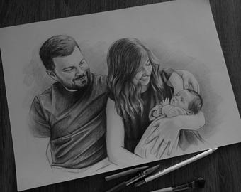 Graphite Pencil Family Portrait From Photo: Custom Hand Drawn Art Gift