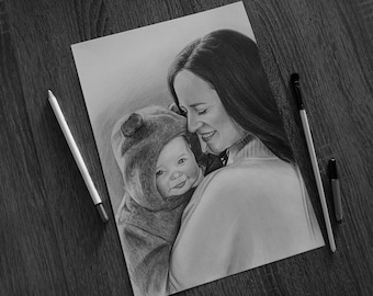 Graphite Pencil Portrait Drawing, Custom hand drawn family portrait from photo, Unique gift idea for mom, dad, children and other