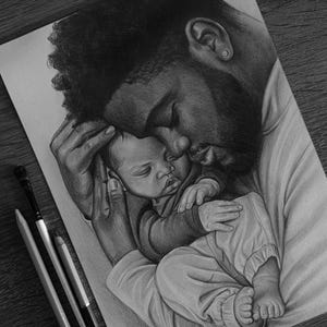 May include: A black and white graphite pencil drawing on paper depicting a person with a beard holding a sleeping infant close to their chest. The person has their head tilted towards the baby, and the infant is wrapped in a soft, light-coloured garment.