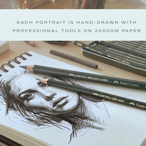 May include: A spiral-bound sketchbook featuring a graphite portrait drawing of a person. Two dark green Faber-Castell 9000 pencils rest on the page. Text reads: EACH PORTRAIT IS HAND-DRAWN WITH PROFESSIONAL TOOLS ON 250GSM PAPER.