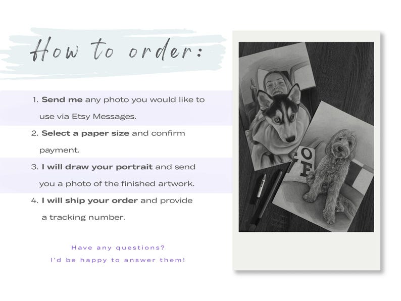 May include: An instructional graphic titled How to order with four numbered steps for commissioning custom artwork. Beside the text, a black and white image displays two charcoal portraits of dogs and a person, with drawing pencils nearby.