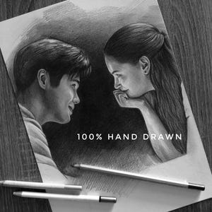 May include: A black and white graphite pencil drawing on paper depicting a profile view of a person looking at another person who is resting their chin on their hand. The text 100% HAND DRAWN is printed in the centre. Three pencils lie below the paper.