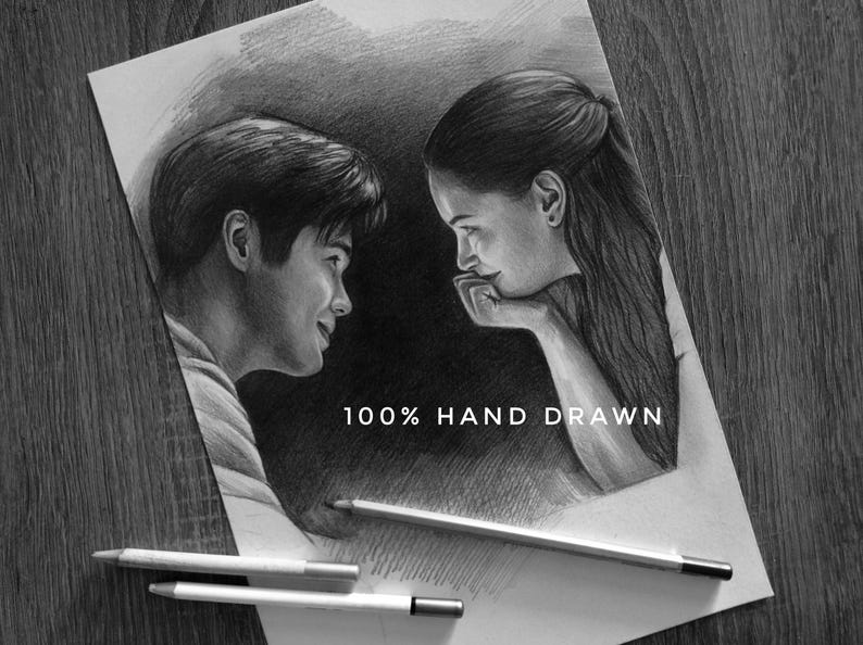 May include: A black and white graphite pencil drawing on paper depicting a profile view of a person looking at another person who is resting their chin on their hand. The text 100% HAND DRAWN is printed in the centre. Three pencils lie below the paper.