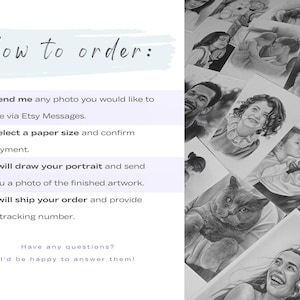 May include: An instructional graphic titled How to order with four numbered steps for commissioning custom artwork, accompanied by a collage of black and white pencil portraits featuring people and pets on the right side of the image.